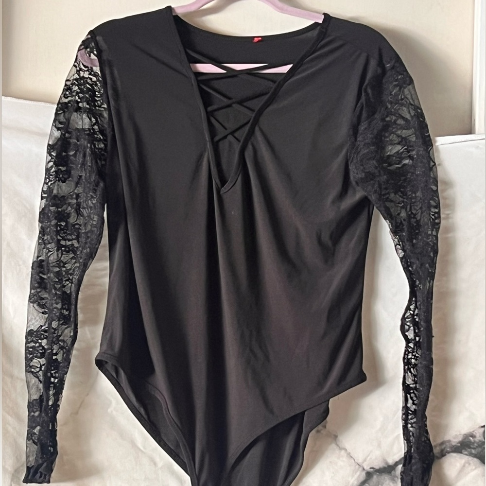Black Leotard with Lace Sleeves and Lace up Front